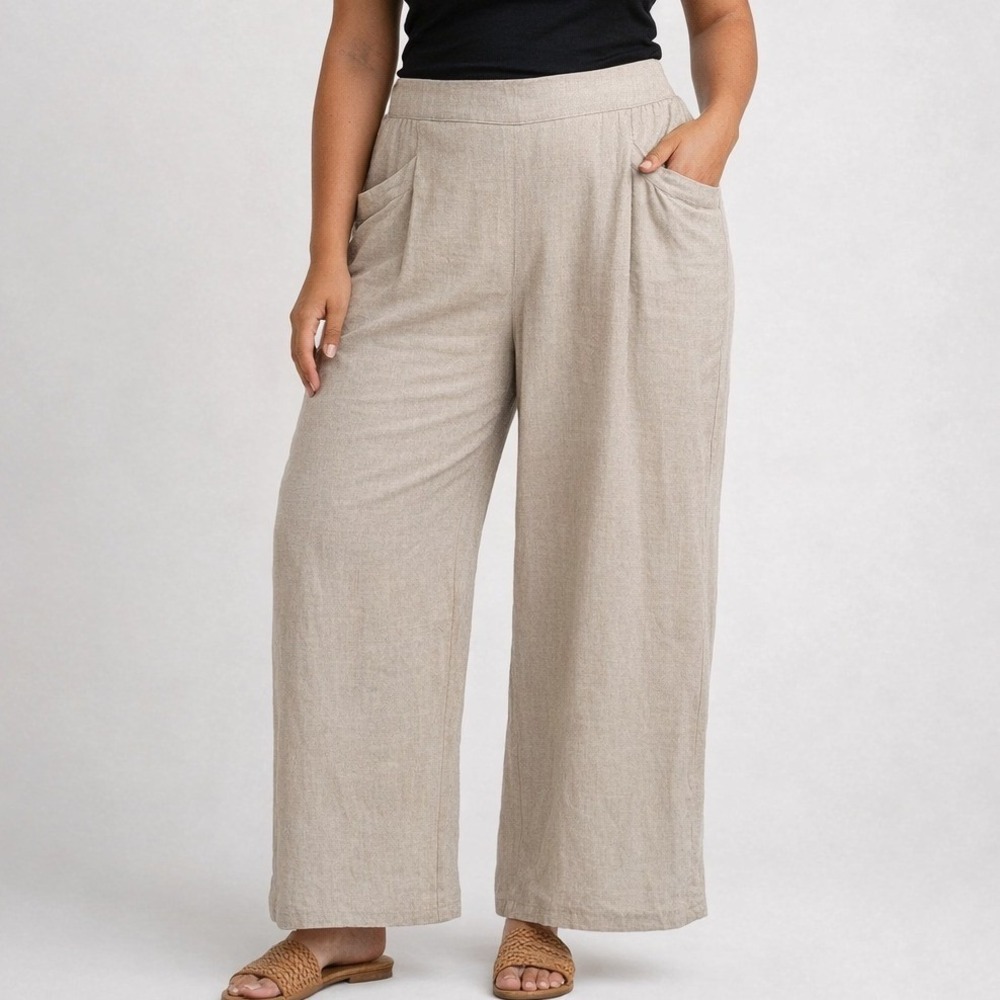 Flax Linen Wide Leg Pants Large Beige Tan Lagenlook Coastal Granny Boho Summer